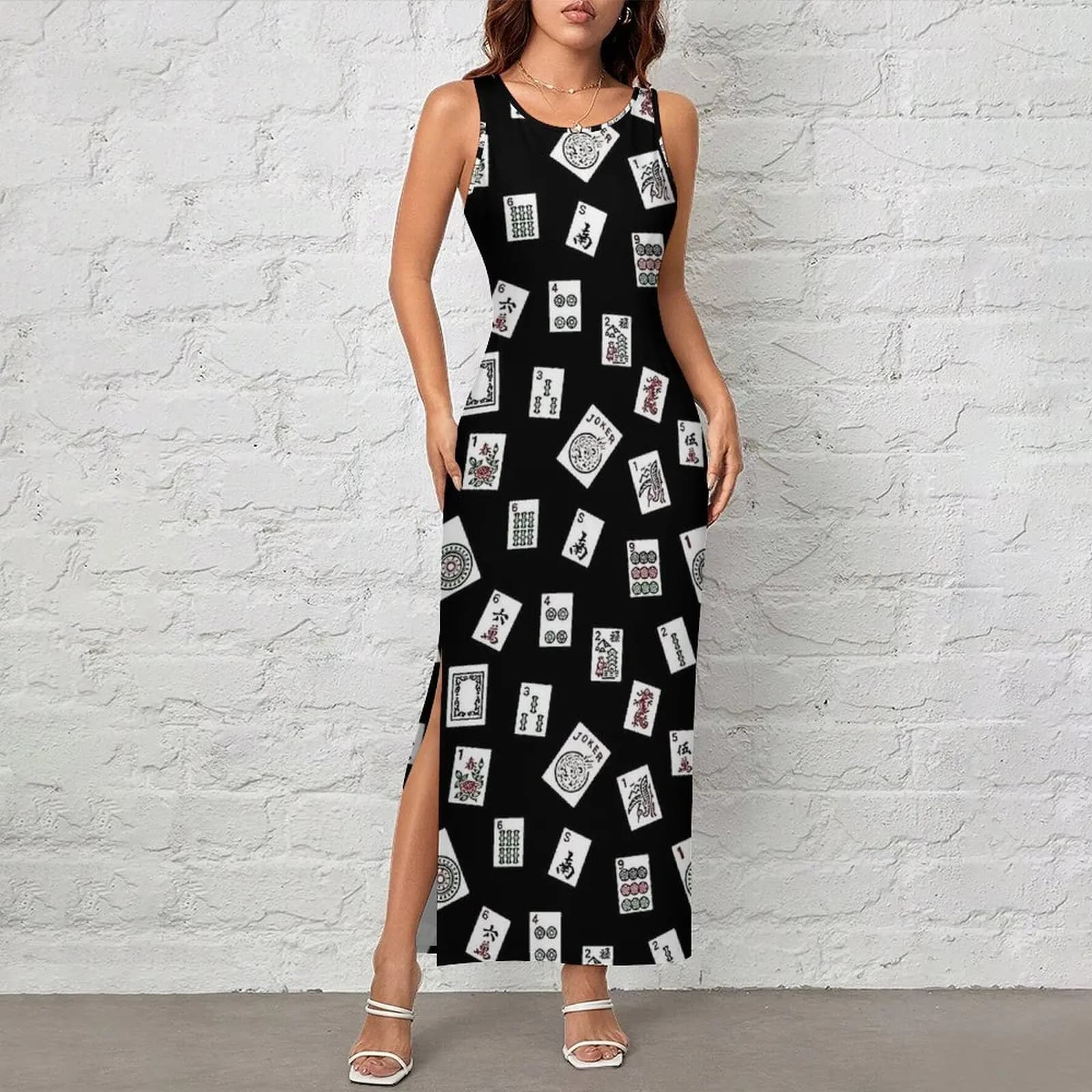 Black Base Mahjong Tile Print Bodycon Dress Summer Vintage Maxi Dresses Ladies Sleeveless Design Aesthetic Dress 2XL 3XL 4XL