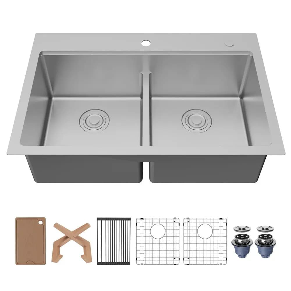 Lavello da Cucina Fusion 33 Pollici a Montaggio Superiore, Acciaio Inossidabile 16 Gauge, Doppia Vasca con Accessori, Tagliere, Asciugatura