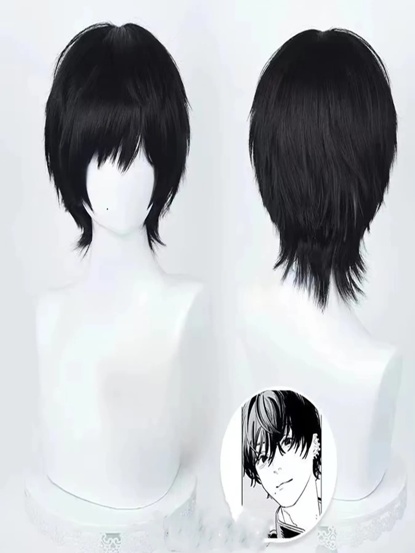 Parrucca Cosplay Anime Chainsaw Man Yoshida Hirofumi, 35cm, Corta, Nera, Resistente al Calore, in Capelli Sintetici, per Uomo, per Feste