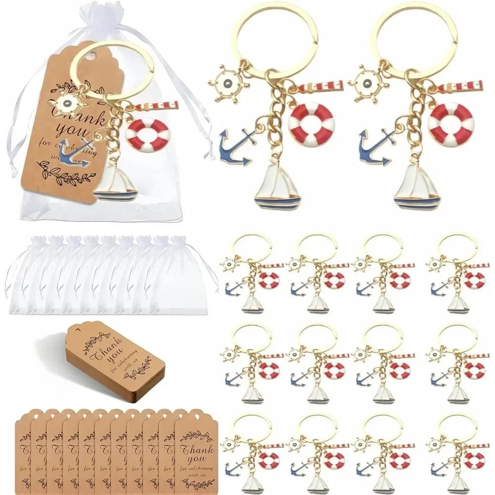 12‑24Sets Nautical Anchor Boat Helm Lifebuoy Pendant Set Card Organza Bag Cruise Marine Theme Giveaway Wedding Party Guest Favor