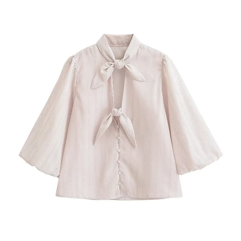 YENKYE 2026 Striped women's shirt with bow on the neck, sleeves, frontal buttoning, vintage office style