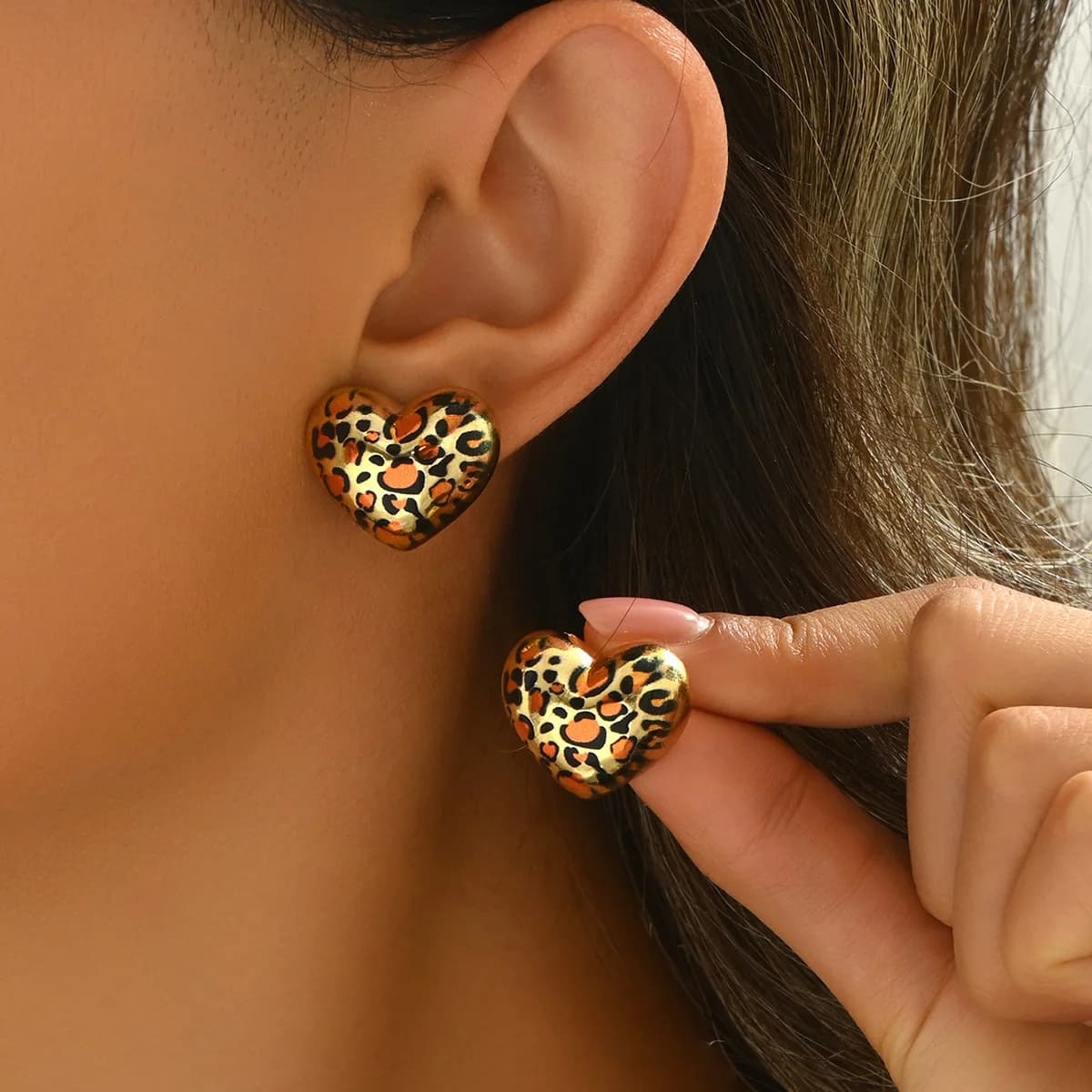 LATS Stud Earrings for Women Heart Shape Leopard Print Temperament Metal Ear Accessories Holiday Party Gift Fashion Jewelry