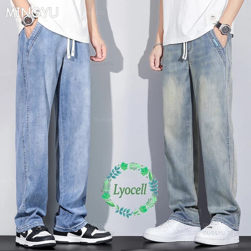 Men's retro jeans in high quality summer slim Lyocell fabric Straight denim trousers Casual pants in elastic waist Men's Plus size 5XL