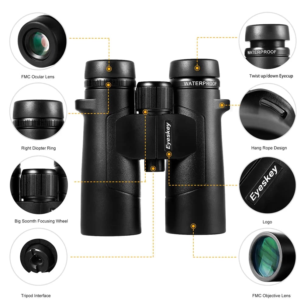 Eyeskey 10x42ED Binocolo impermeabile con rivestimento super multiplo Ottica prisma Bak4 ad alta potenza per caccia in campeggio all'aperto