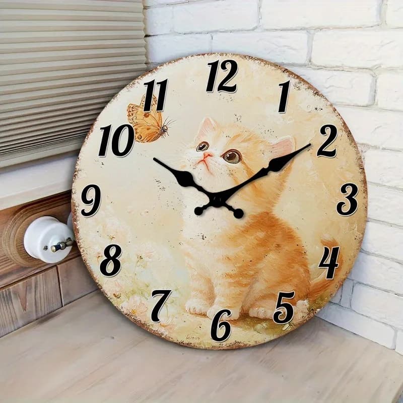 Orologio da parete silenzioso in legno, orologio decorativo circolare con gattino e farfalla in un design floreale per la cucina, 1 pezzo