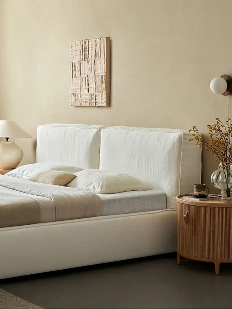 Letto matrimoniale moderno e semplice in tessuto di lino stile antico, per camera da letto padronale, modello Tofu Block 1.8, letto a pavimento.