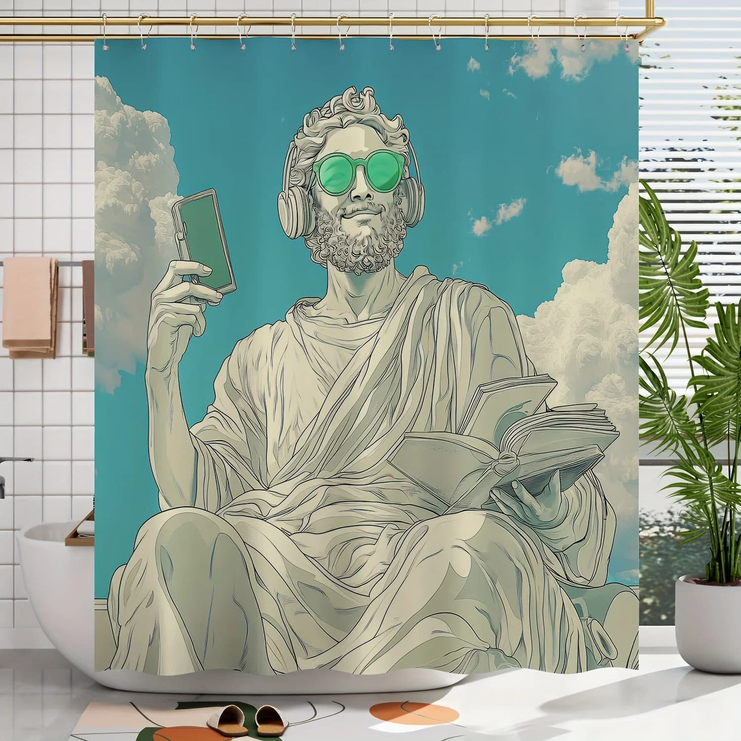 Tenda da doccia con stampa digitale modello statua moda primavera/estate 1pc, decorazione per il bagno con ganci gratuiti inclusi, macchina era
