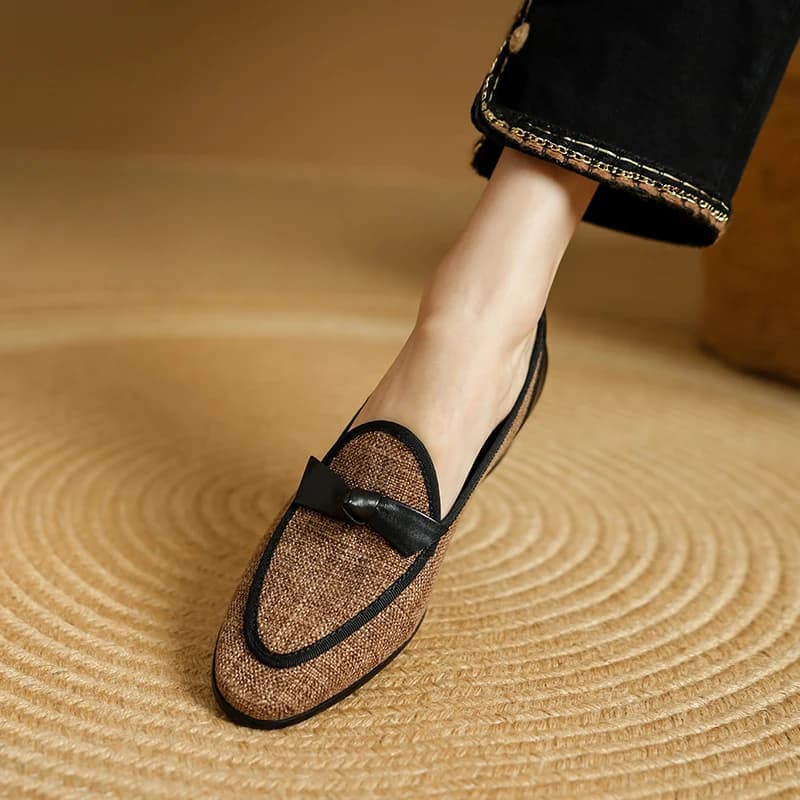 Woman Shoes Spring Bowtie Loafers Round Toe Women Flat Shoes French Slip-On Basic Loafers Tweed Flats Handmade Retro Shoes