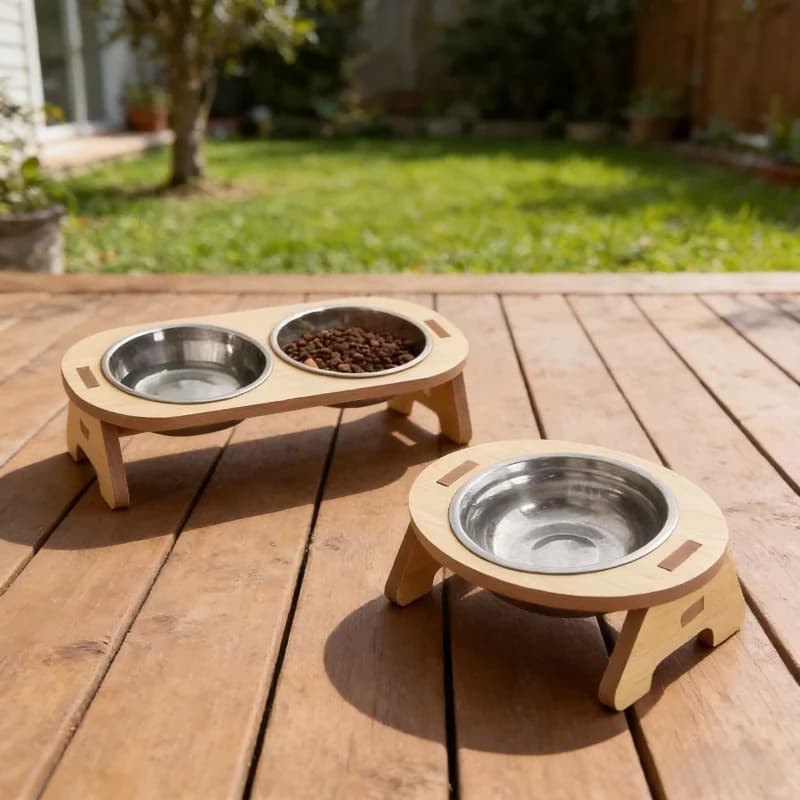 Supporto per Ciotole di Animali Domestici in Legno Massello con Protezione per il Collo, Regolabile per Cani e Gatti, Universale per Cibo e Acqua