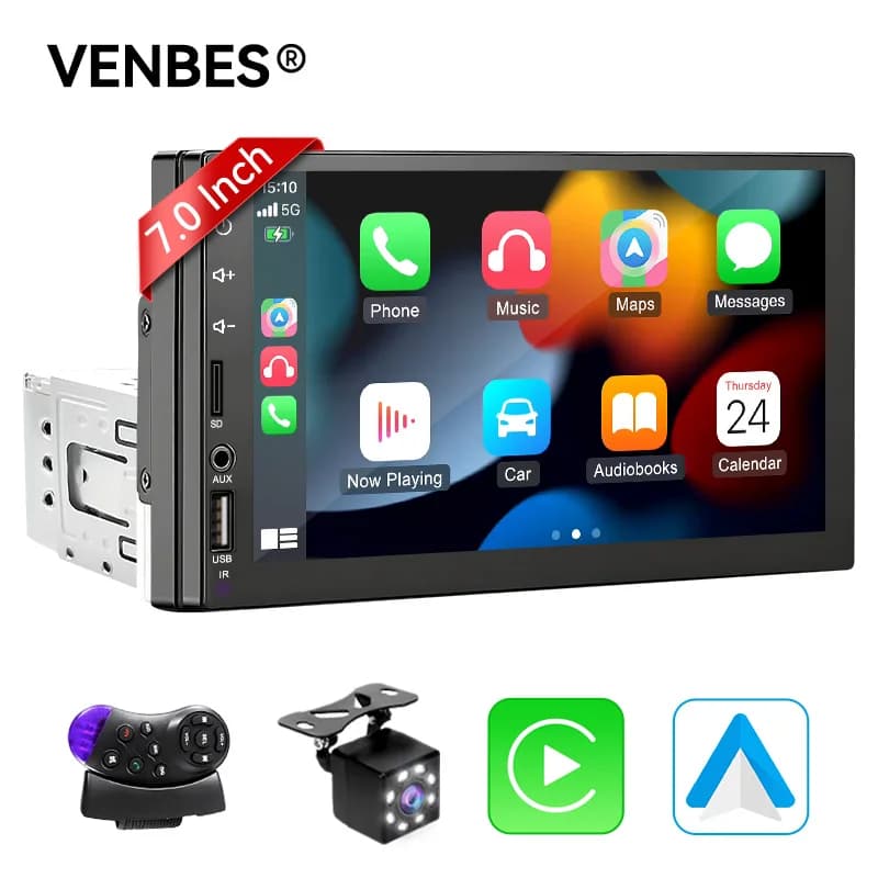 Autoradio VENBES con Carplay e Android Auto, 1 DIN, Mirrorlink, Bluetooth 5.0, USB, FM, Schermo Touch da 7 Pollici con Telecamera CVBS