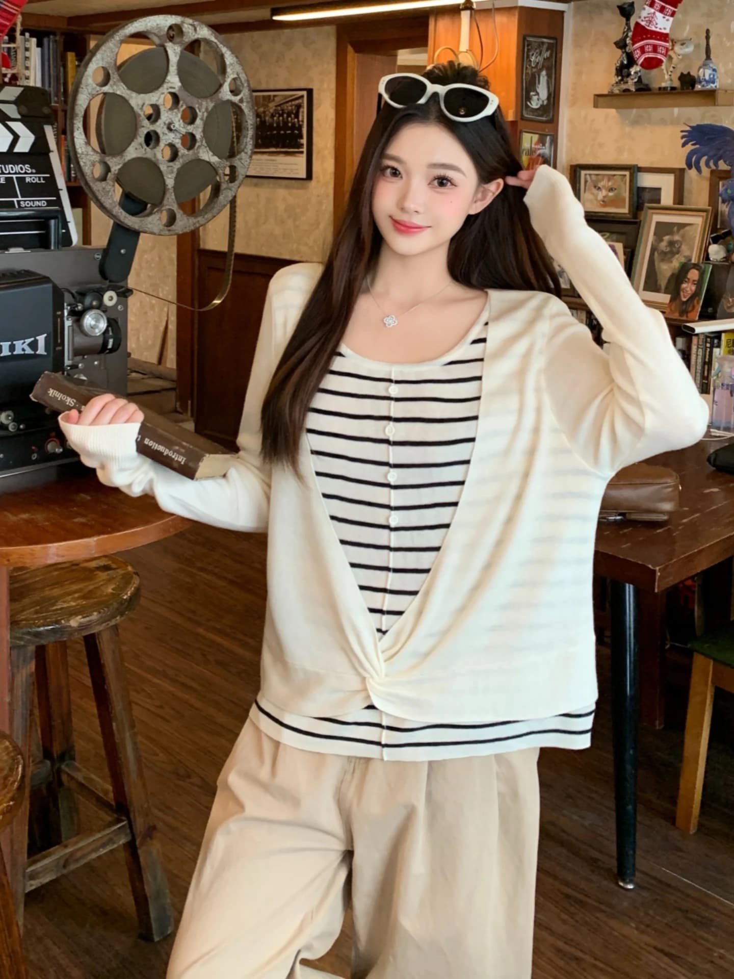 Slimming Striped Long Sleeve Knitted Base Shirt Women's Spring Autumn plus Size Conceal Belly Design Twist Knot Top