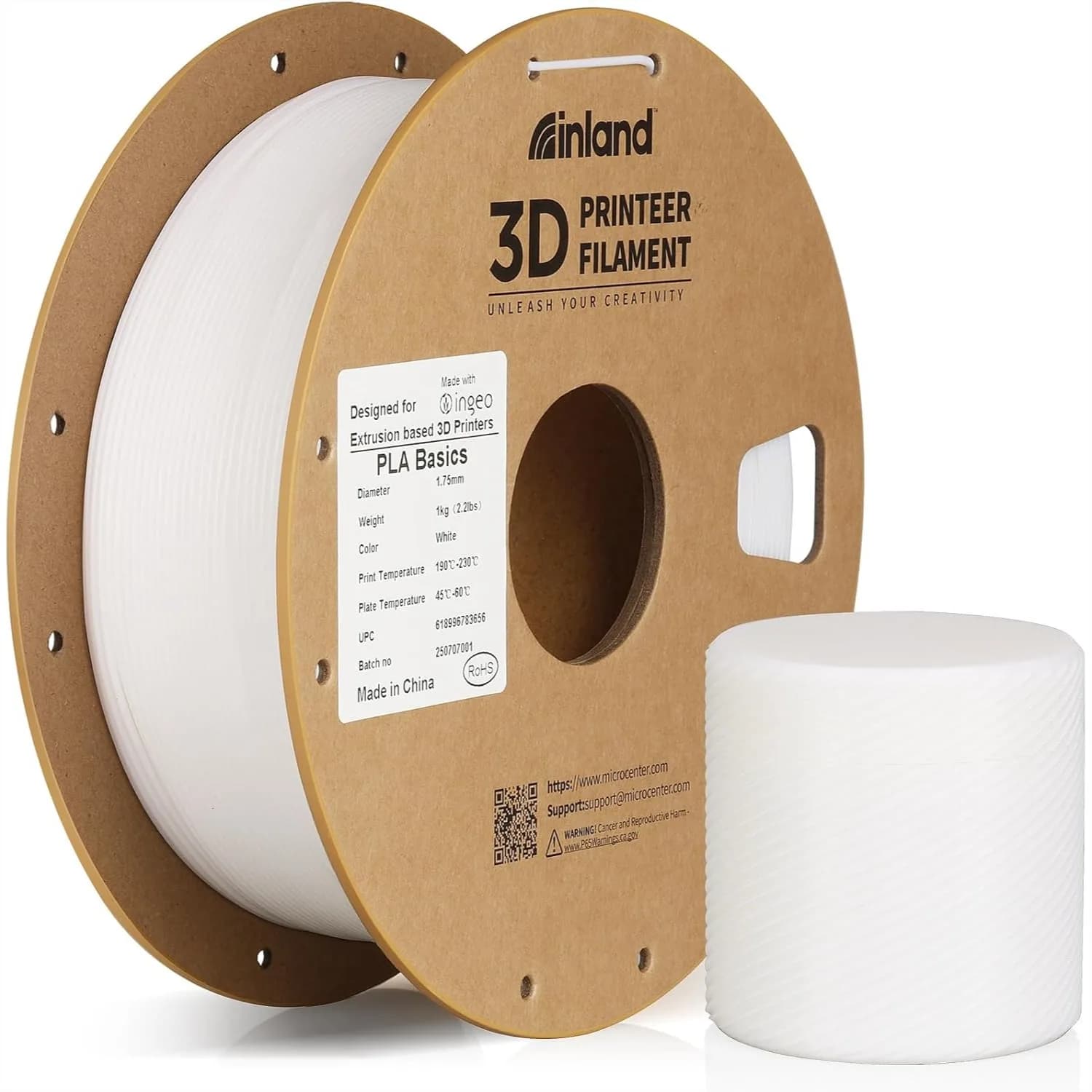 Filamento PLA 1.75mm, Bobina da 1kg – Precisione Dimensionale ±0.02mm, Avvolgimento Ordinato per la Maggior Parte delle Stampanti 3D FDM, Bianco