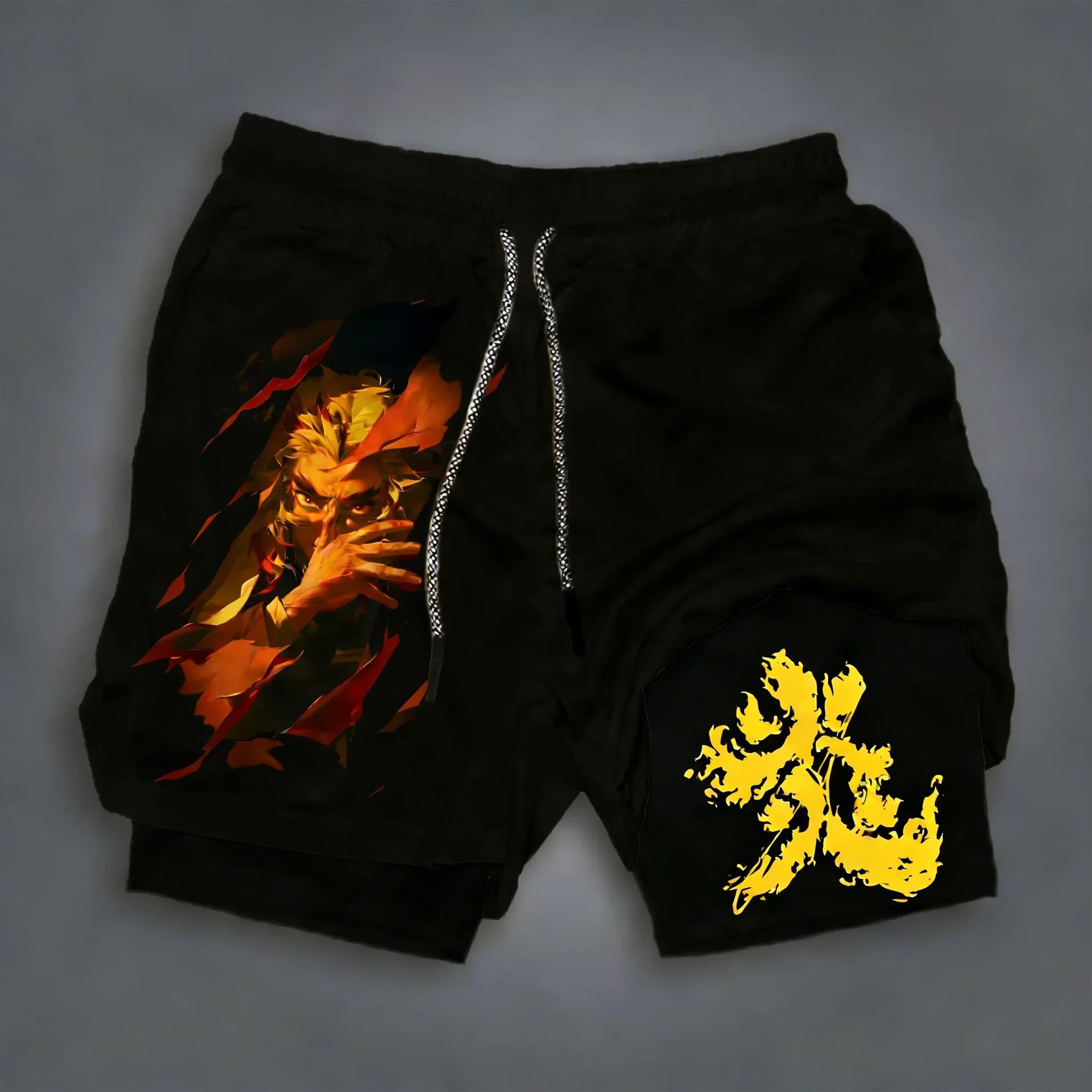Summer sports shorts 2 in 1 by men Demon Slayer, new breathable shorts with fast drying anime print Rengoku Kyoujurou