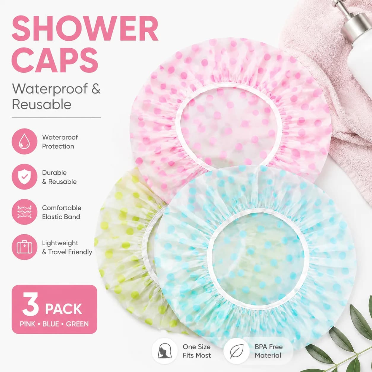 Shower Cap,3 Pcs Reusable Shower Caps Waterproof Bath Hair Hat with Elastic Band for Kids Women Men Spa Salon Hair Mask