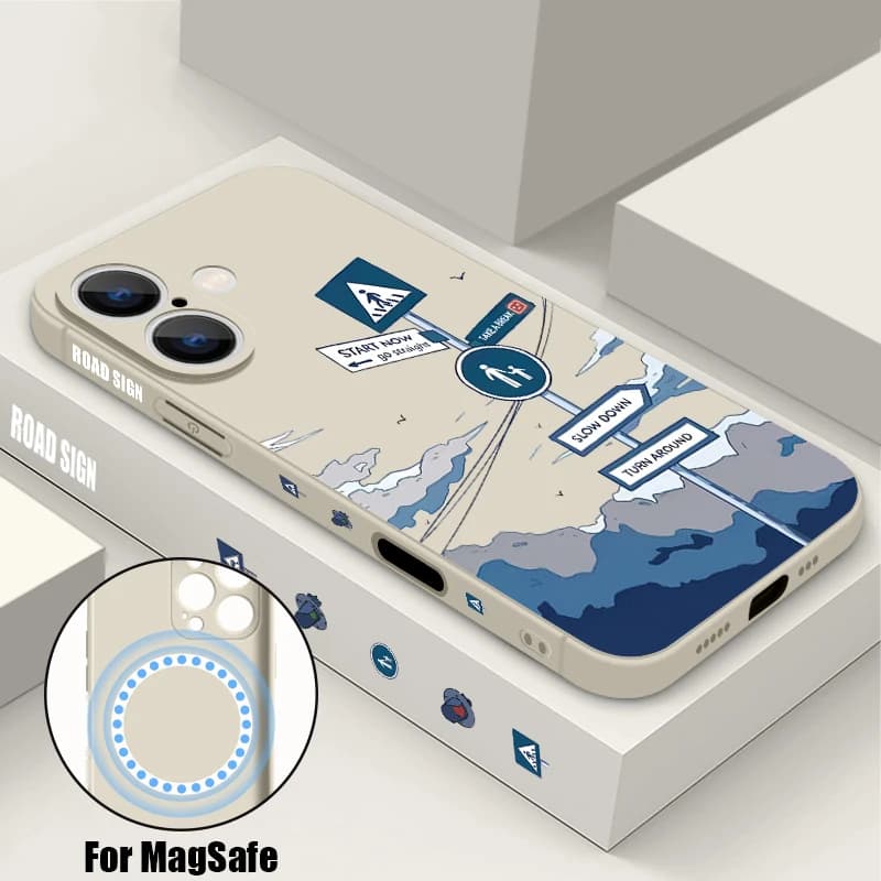 Custodia magnetica morbida in TPU per segnale stradale per iPhone 16e 16 15 14 13 Pro 13 12 Pro Max 11 Custodia per telefono con cordino in silicone con magnete antiurto
