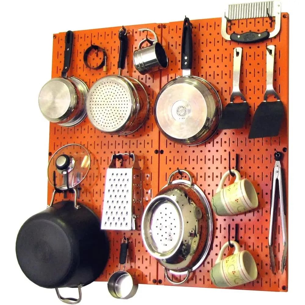 Set Organizzatore da Cucina con Pannello Forato Arancione e Accessori per Pentole e Padelle Neri