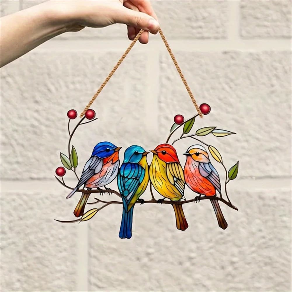 2D acrilico stampa piatta uccelli fiori ciondolo animale casa albero finestra appesa decorazione regalo zaino per auto animale domestico carillon di vento ornamento