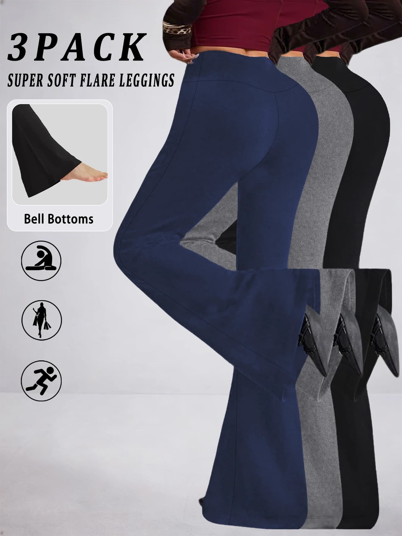 Confezione da 3 pantaloni a zampa super morbidi da donna, a vita alta, con controllo della pancia, leggings da yoga per allenamento, a campana
