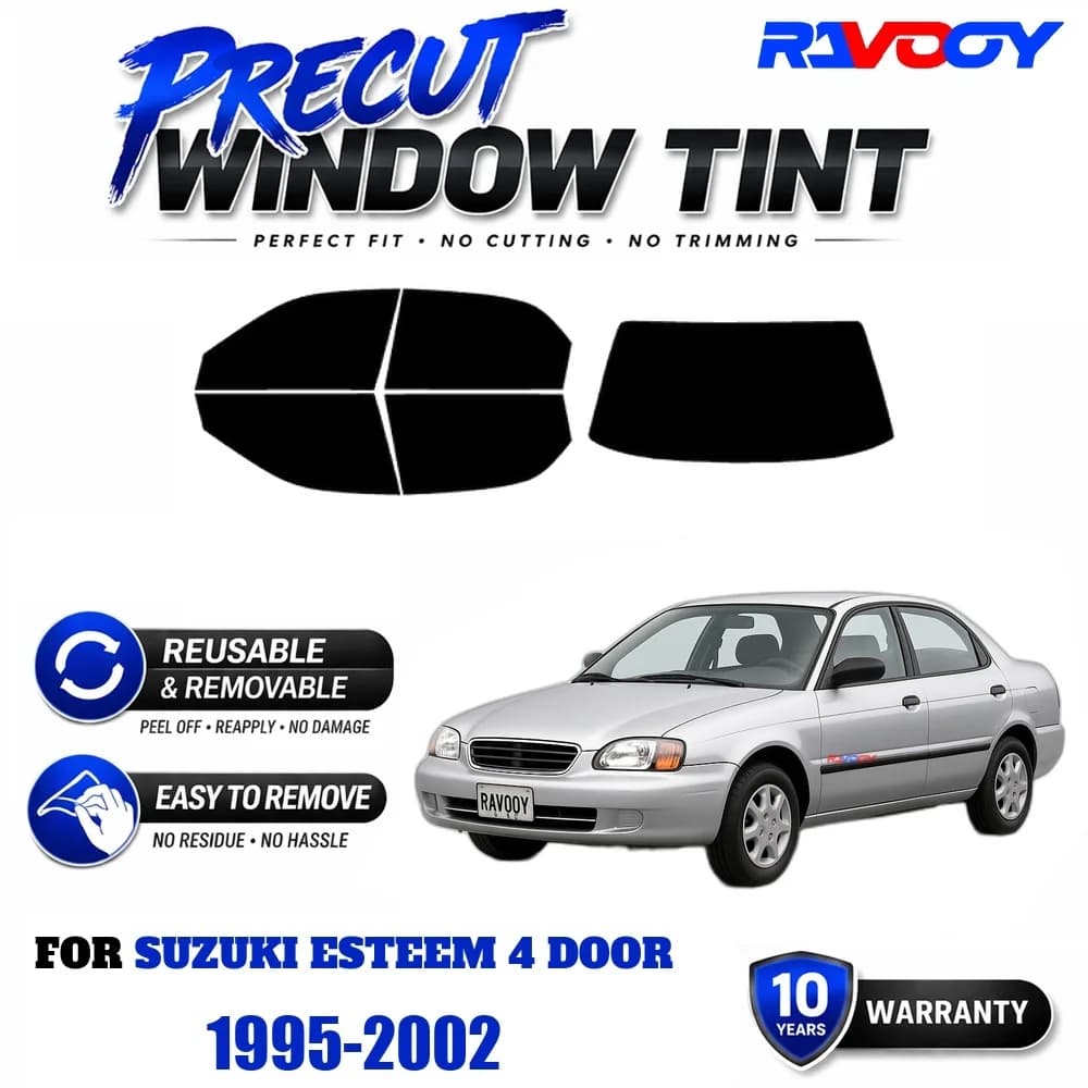 RAVOOY Precut Window Tint, Reusable Removable EPU Film, Custom Fit for Suzuki Esteem 4 Door 1995-2002, UV Heat Protection