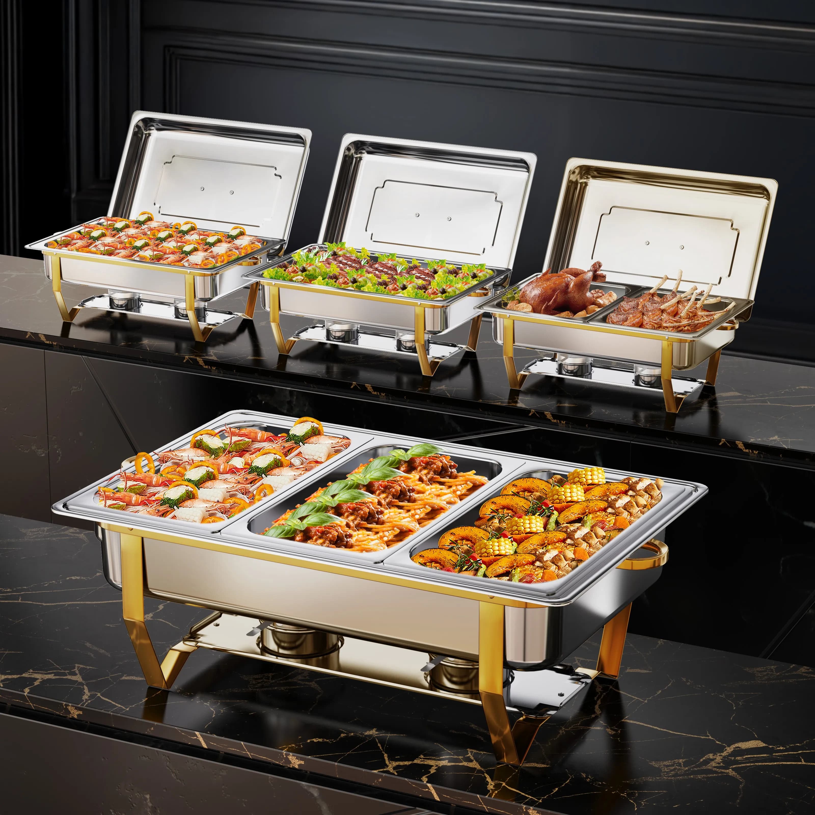 Set da 2/4 Pezzi Scaldavivande da Campeggio in Acciaio Inossidabile da 8QT, Set Buffet con Scaldavivande Completo e Porta Combustibile