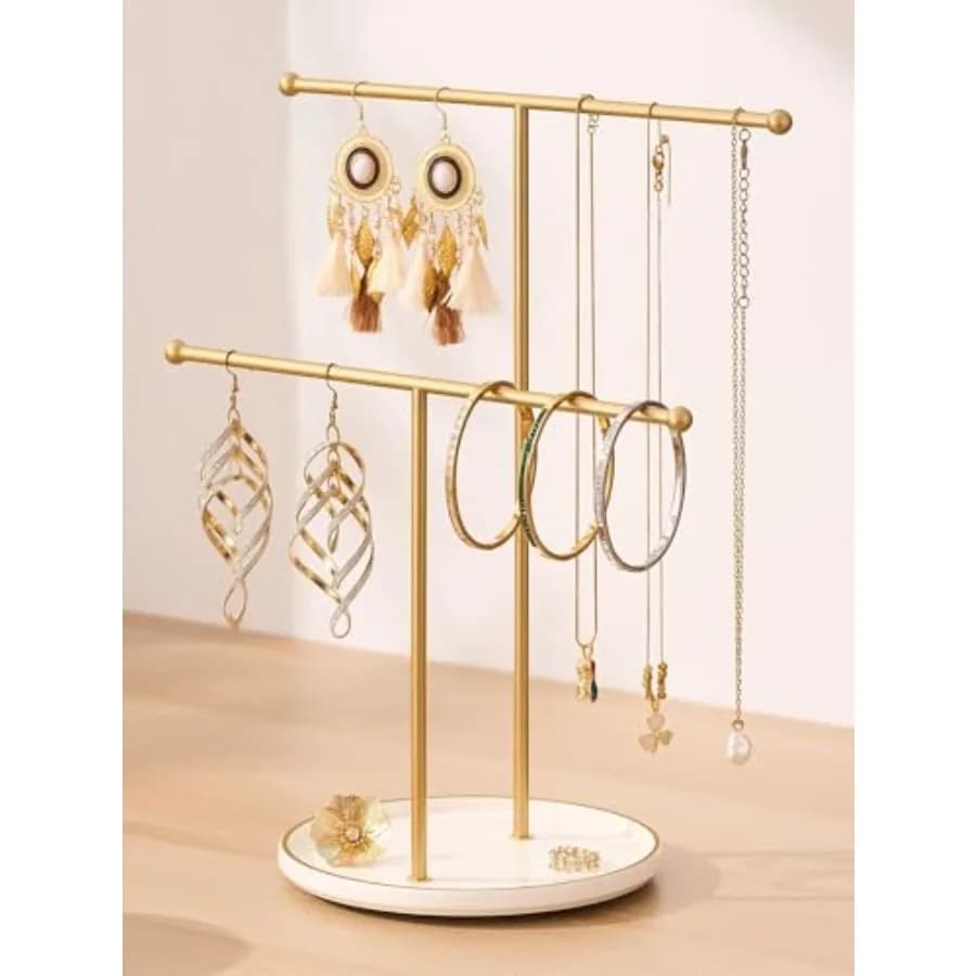 Gold Jewelry Holder Stand with Ceramic Tray: Small Hanging Necklace Organizer Tree for Earrings, Bracelets, Rings Jewelry Displ