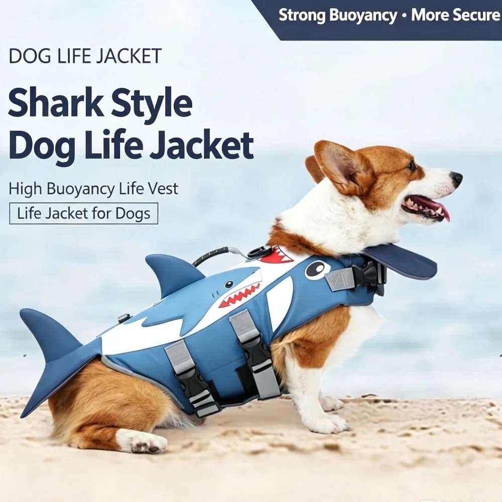 M Size Dog Shark Life Jacket Chin Support Floating Vest for Medium & Small Dogs Anti-Drowning Pet Swimming Safety Vest