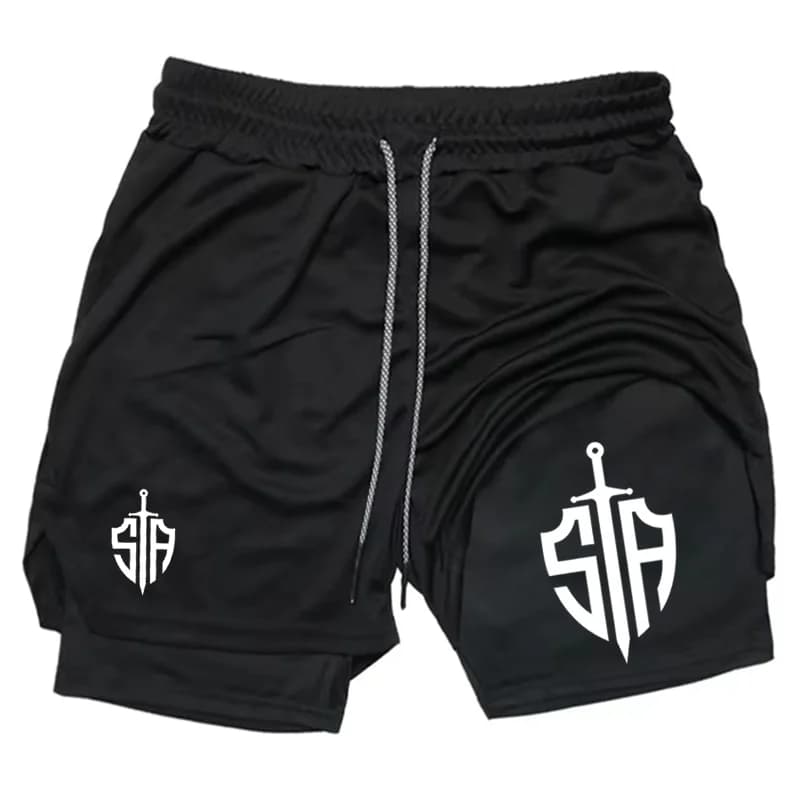 Pantaloncini Sportivi da Calcio 2-in-1 Neri da Uomo, Asciugatura Rapida, Traspiranti, con Coulisse in Vita, Ideali per Palestra, Allenamento e Partite di Calcio st0488