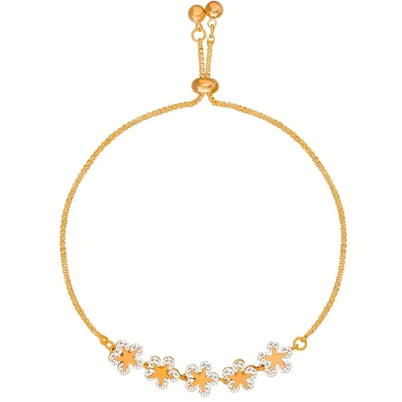 1pc Gold-Tone Sliding Adjustable Bracelet with Crystal Flower & Star Charms, Dainty Box Chain Design, Lightweight & Versatile, Elegant Jewelry for Women