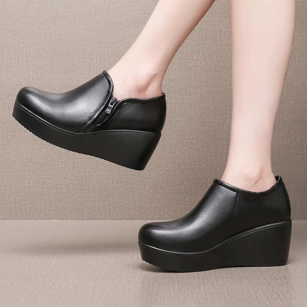 6 centimetri di Formato 32-43 Rotondo Confortevole Piattaforma Zeppe Tacchi Scarpe Primavera Autunno Bocca Profonda Mocassini In Pelle Morbida Slip on Scarpe Da Mamma