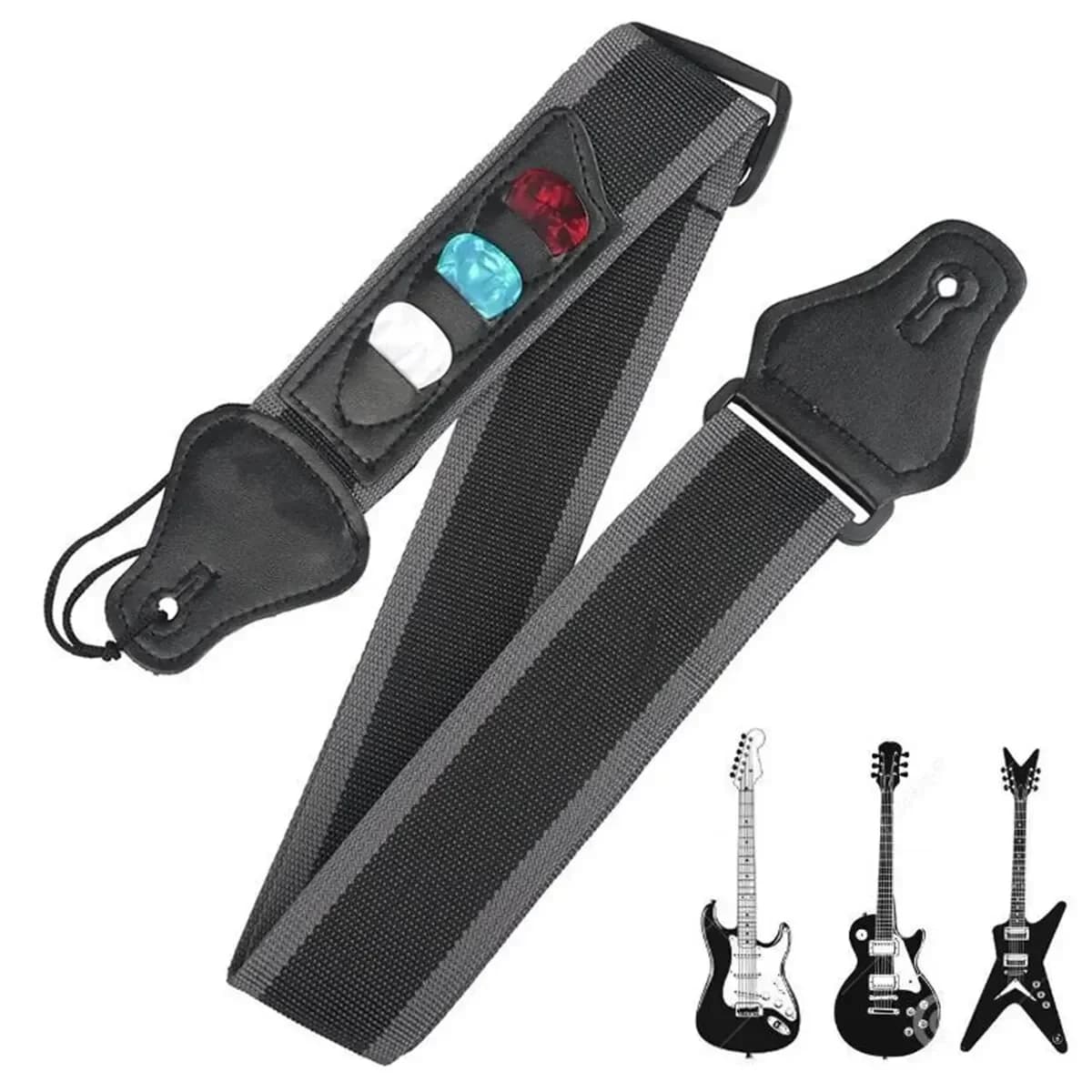Tracolla per chitarra elettrica regolabile con 3 supporti per plettri Estremità in pelle PU Accessori per cintura per tracolla per chitarra acustica e basso