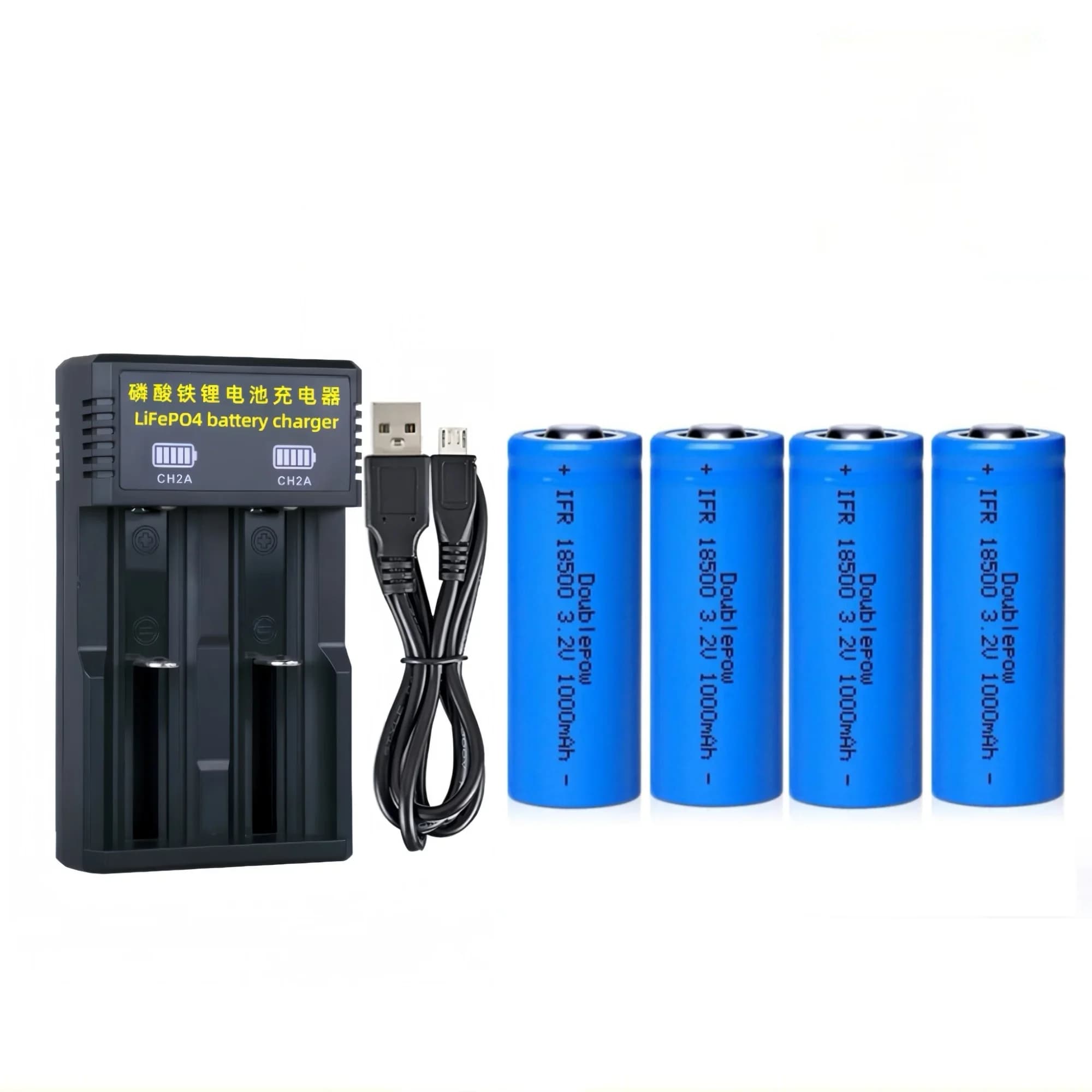 4 LiFePO4 18500 3.2V 1000mAh batteries with charger for torch, speaker, electric toothbrush, radio, razor, juice extractor