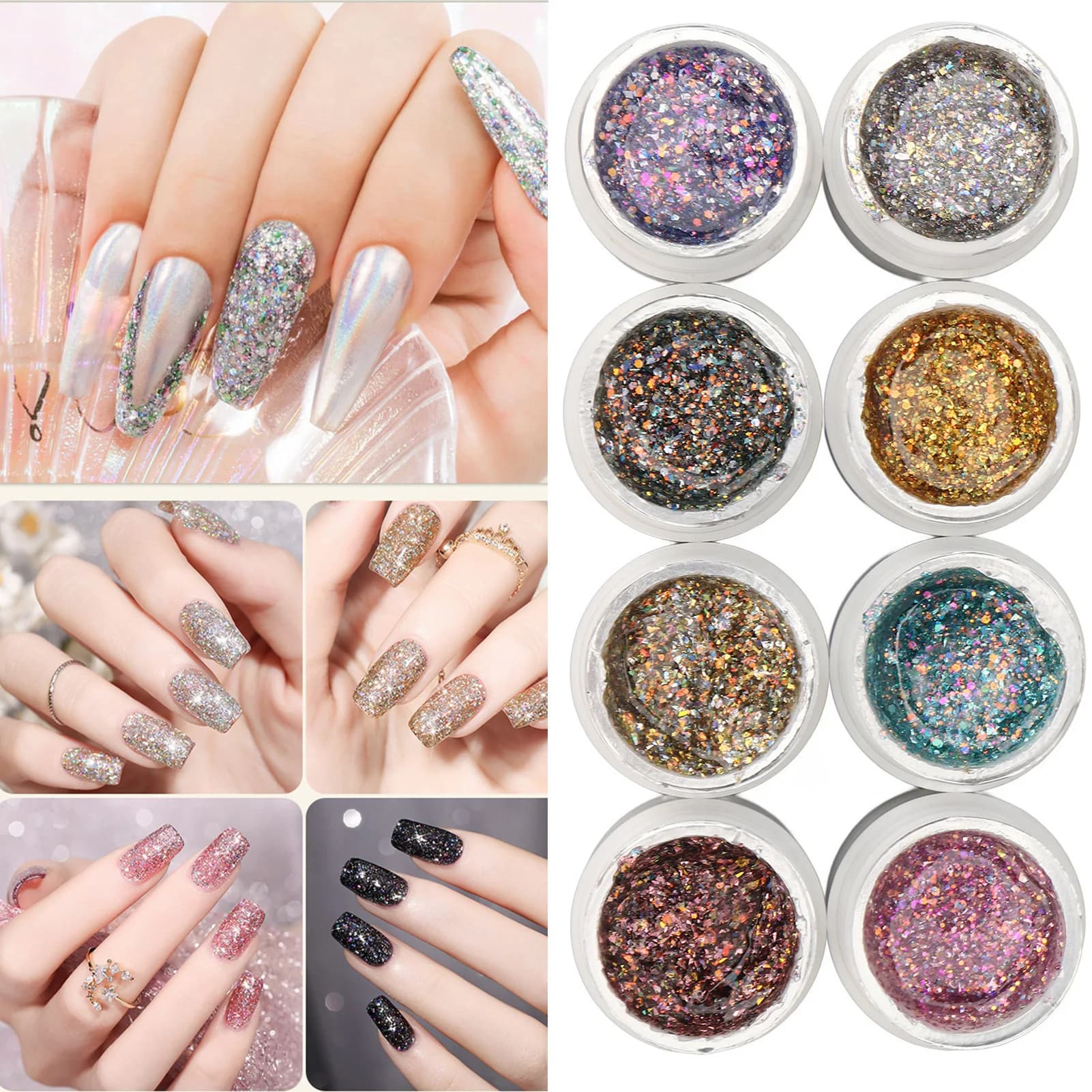 Gel glitter riflettente olografico 8 colori Set di smalti per unghie UV LED lampeggianti scintillanti e lucidi