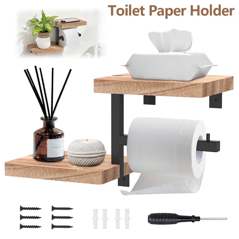 Porta carta igienica in legno da parete per bagno, porta carta da parati, dispenser decorativo per rotoli di carta igienica con ripiano, accessori da cucina