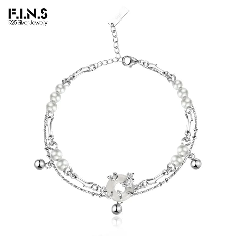 F.I.N.S Chinese Style Real S925 Sterling Silver Jade Peace Button Bracelet Handmade Shell Pearl Double Chains Hand Fine Jewelry