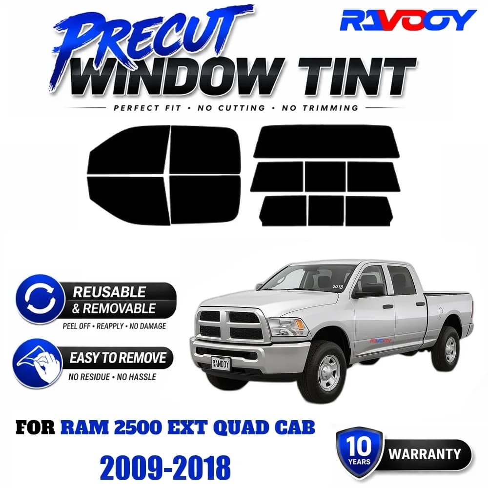 RAVOOY Precut Window Tint, Reusable Removable EPU Film, Custom Fit for Ram 2500 Ext Quad Cab 2009-2018, UV Heat Protection