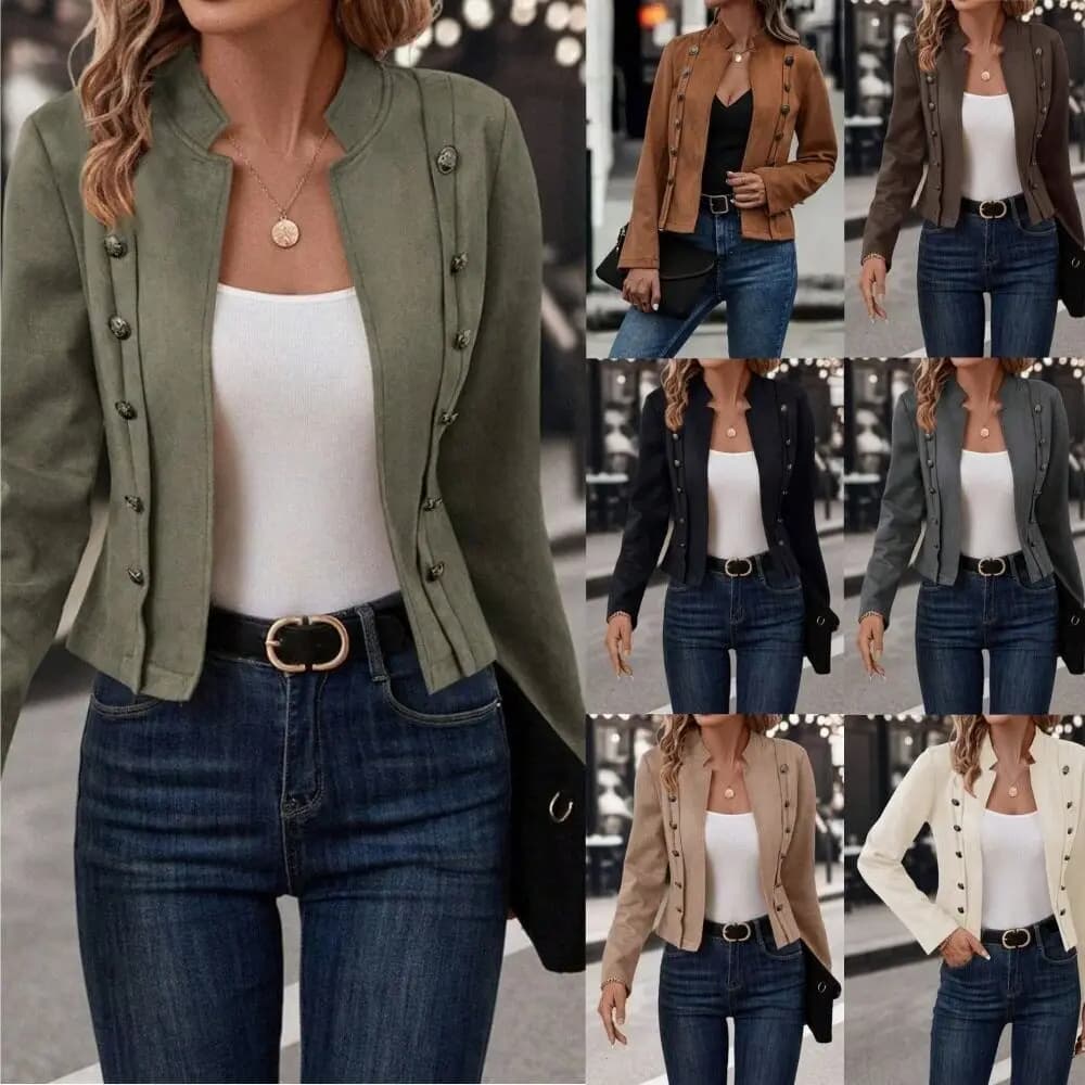2024 Pure Color Double-Button Decorative Jacket New Style Deer Skin Velvet Retro Long Sleeve Outerwear Women's Fashion