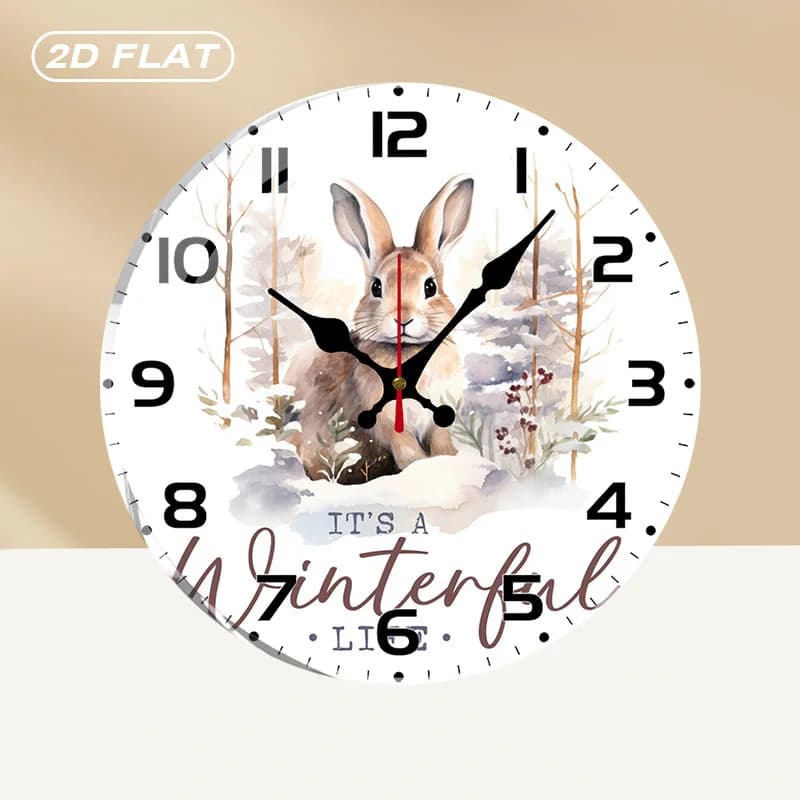 Silent Round Wall Clock in Acrylic with Winter Rabbit Theme, Without Ticking, for Home Furniture, Office, Room, Living Room, Bedroom, Kitchen, Gift