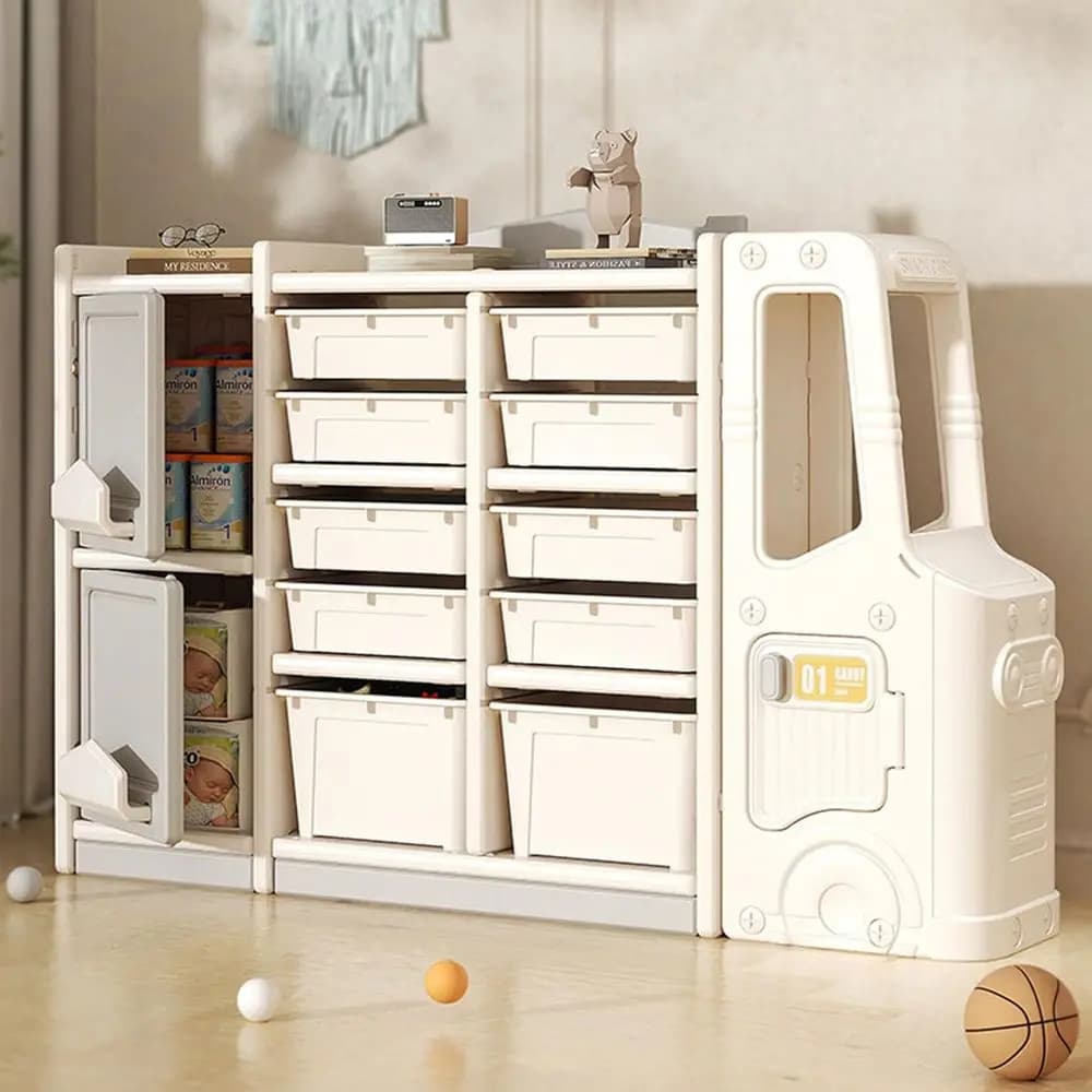 Organizzatore Giocattoli Multifunzione con 10 Contenitori, 2 Armadietti e 2 Ripiani per Camere dei Bambini, Sale Giochi e Asili Nido