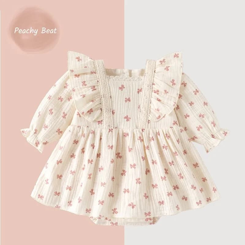 Newborn Baby Girl Cotton Bow Print Romper Dress Fly Sleeve Infant Toddler Child Elegant Pajamas Long Sleeve Baby Clothes 0-2Y