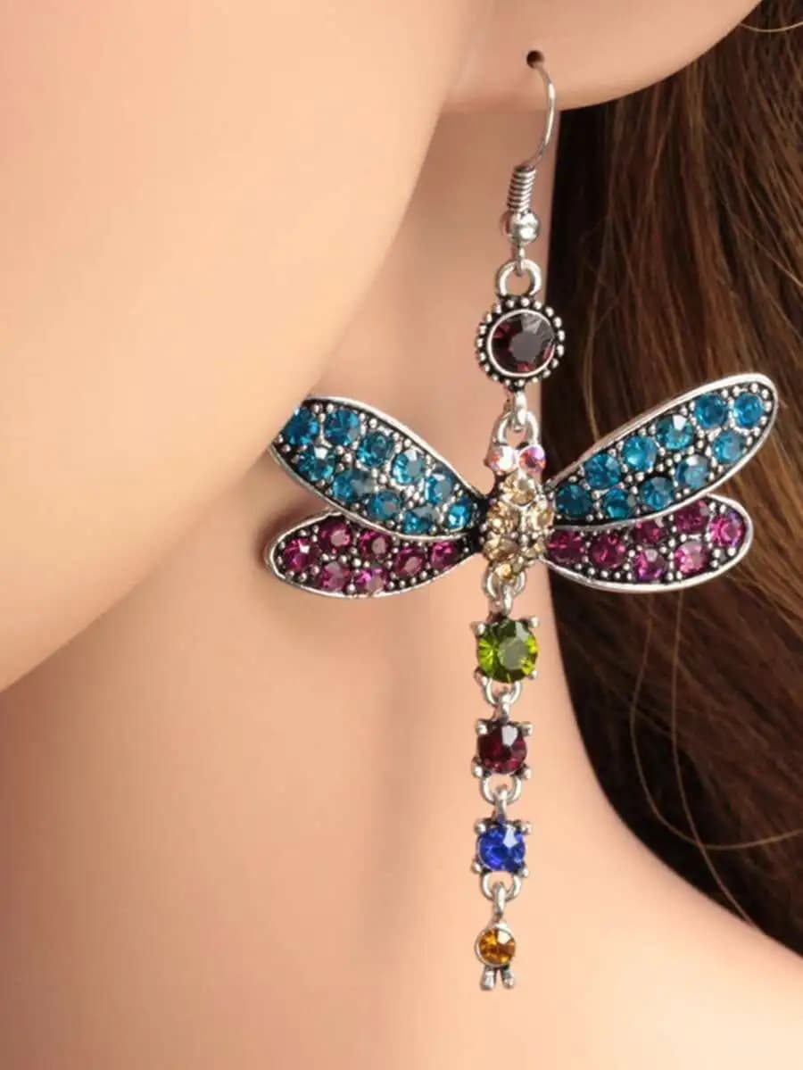 Rhinestone dragonfly shaped drop earrings for women