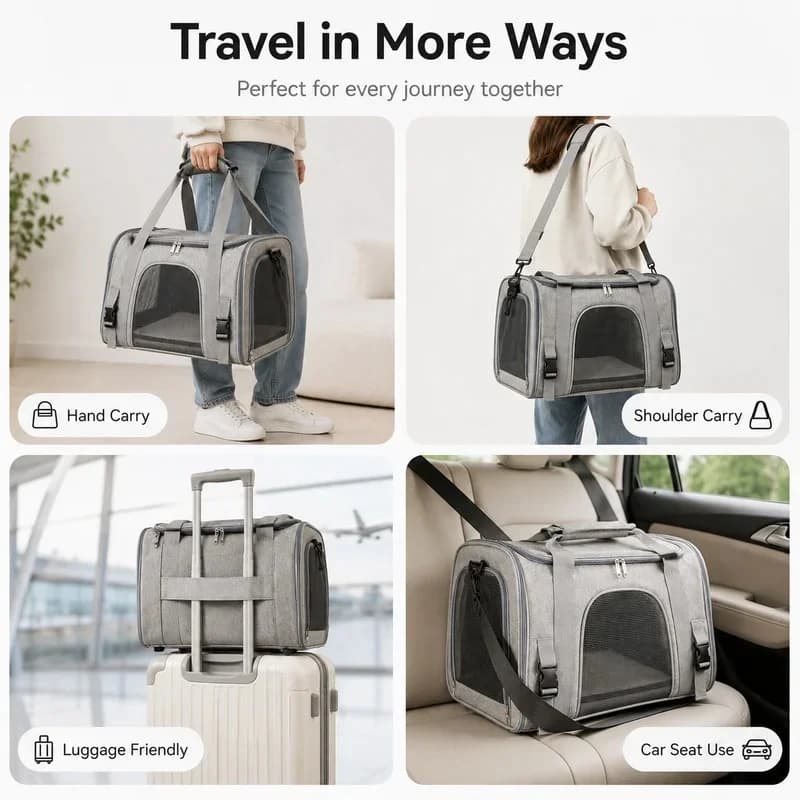 Portable Soft-Sided Pet Carrier Bag, Breathable Mesh Foldable Travel Tote for Small Dogs and Cats, Car Seat Friendly