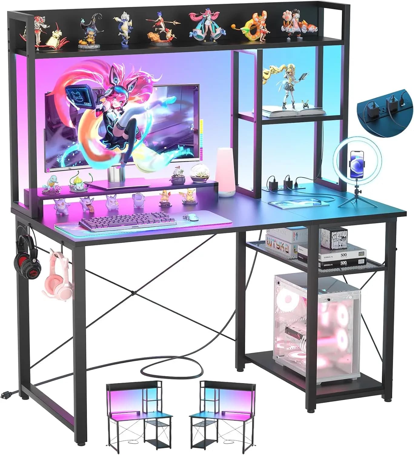 Scrivania da Gaming 39'' con Luci LED, Prese di Corrente, Ripiani Reversibili e Supporto Monitor per Spazi Ristretti