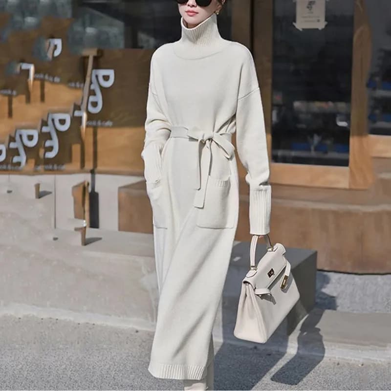 Abito lungo maglione dolcevita in maglia tinta unita, abito donna autunno inverno Slouchy allentato in maglia con tasche e cinture Vestidos
