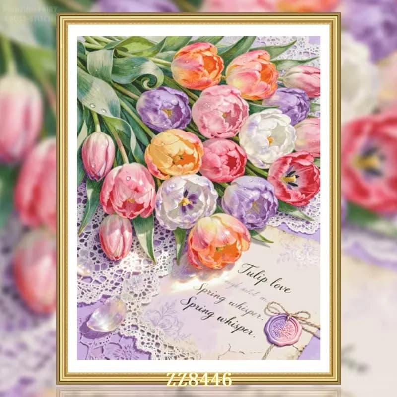 ZZ8446- Tulip Letter 14CT 16CT 18CT Stamped Canvas Cross Stitch DIY Set Needlework Embroidery 155 Colors
