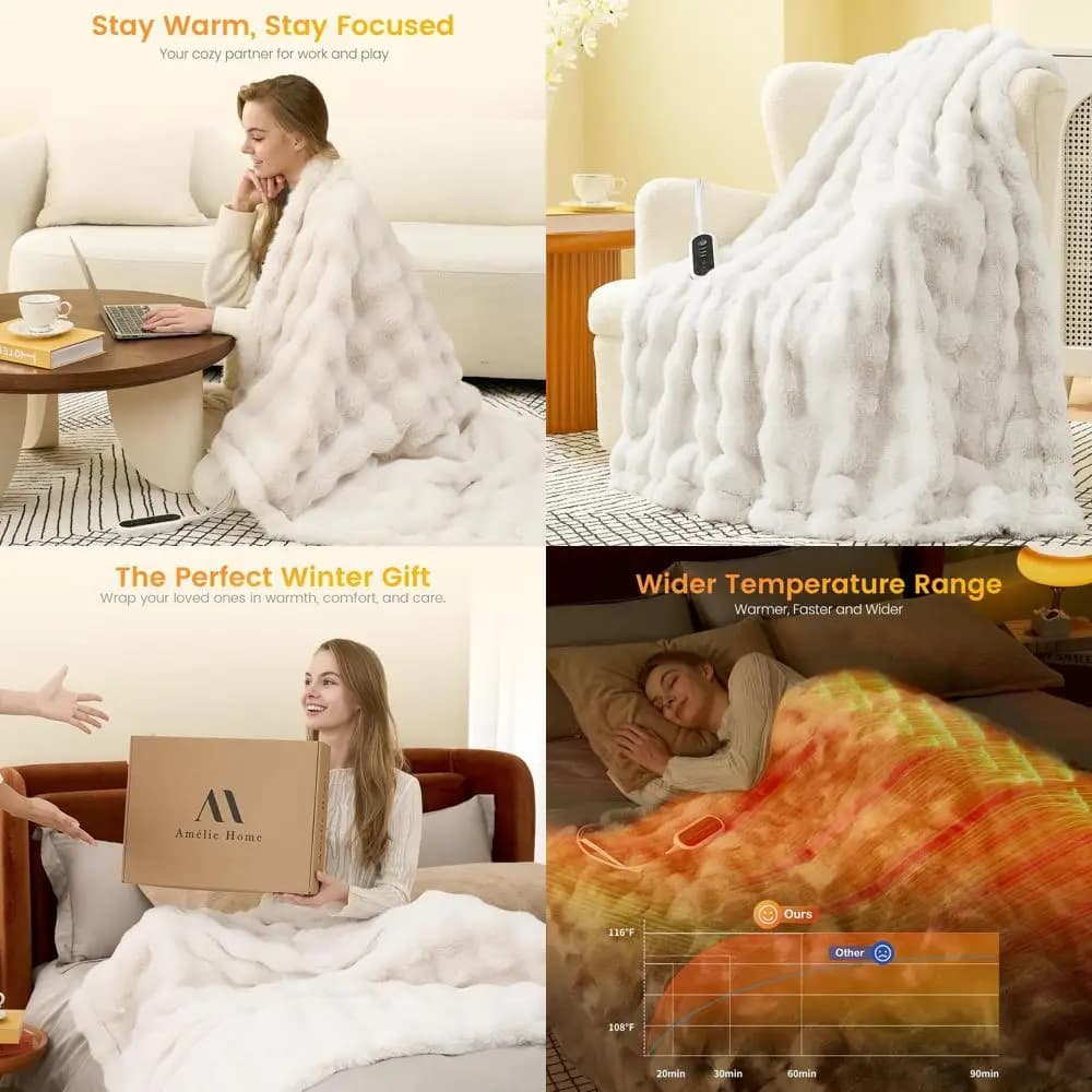 Coperta elettrica in pelliccia sintetica con 8 livelli di calore, timer di spegnimento automatico e protezione da surriscaldamento - 50x60 Beige/Bianco sporco