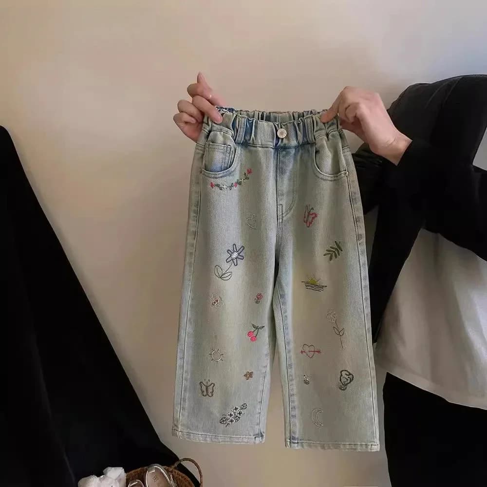 Abbigliamento da ragazza stile graffiti per jeans larghi a gamba dritta estiva Versione coreana Pantaloni per bambini alla moda e versatili