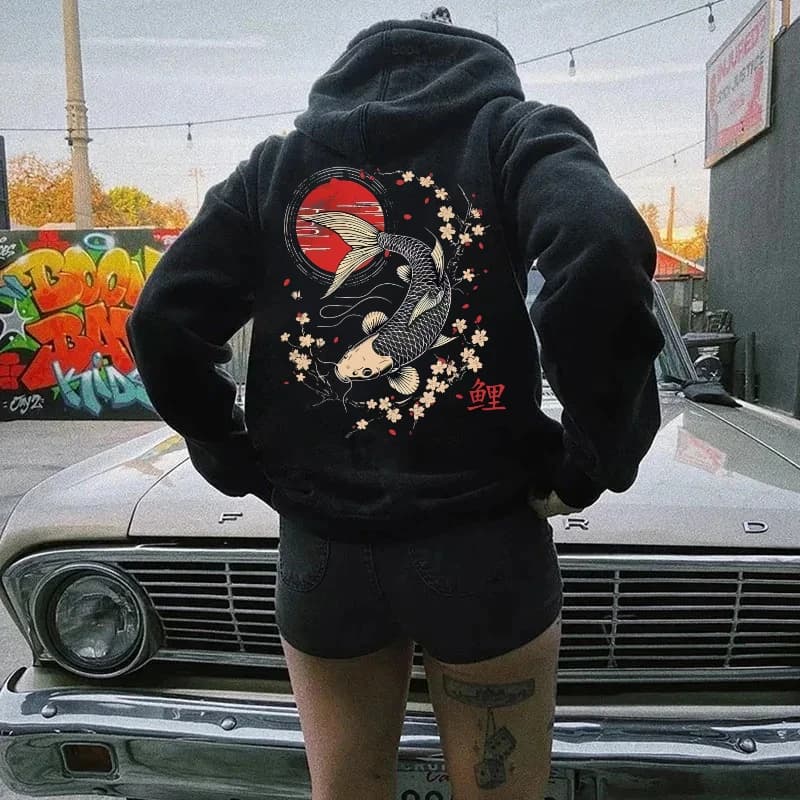 Autumn/Winter Japanese Yin-Yang Koi Fish and Samurai Sword Patterned Men's Hooded Sweatshirt - Casual Relaxed Top for Couples