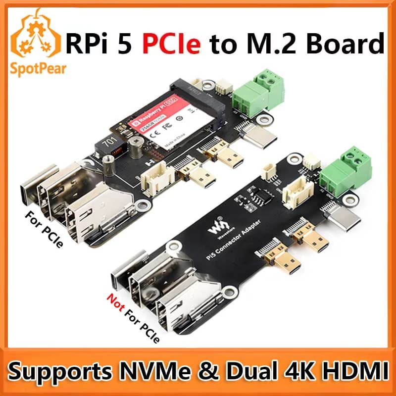 The Raspberry Pi 5 PCIe multifunction adapter board at M.2 supports Pi5 connector adapter with dual HDMI 4K output (C)