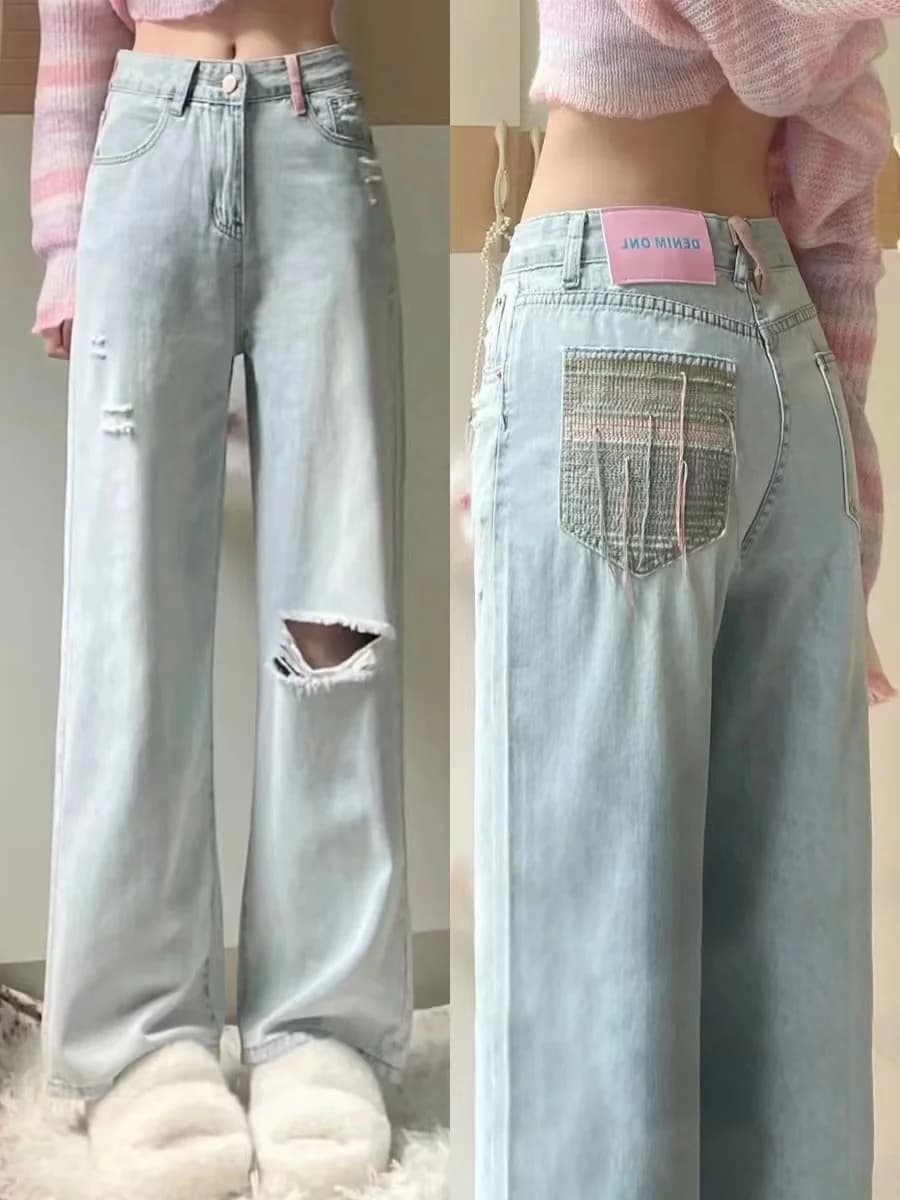 Blue Hole Ripped Wide Leg Jeans Women's Summer High Waist Straight Cut Loose Fitting Slimming Denim Pants plus Size