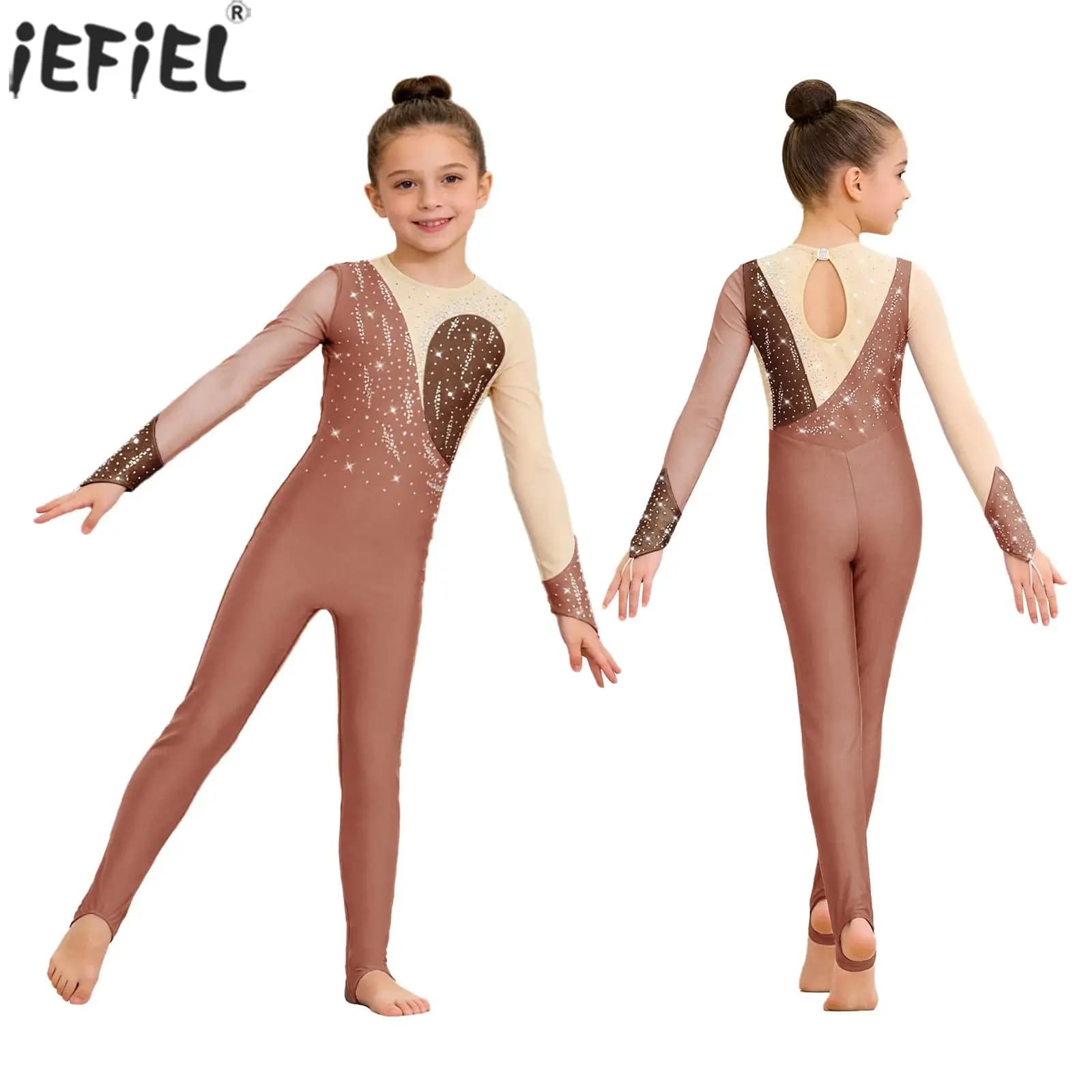 Body da Ginnastica per Bambine con Strass Luccicanti, Maniche Lunghe, Tuta con Staffe in Rete per Pattinaggio Artistico, Acrobatica, Danza e Ballet